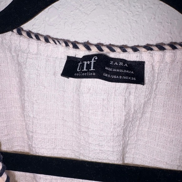 Zara TRF White Textured V-Neck Tunic Dress Braided Trim Red Navy Blue Small - Picture 8 of 10